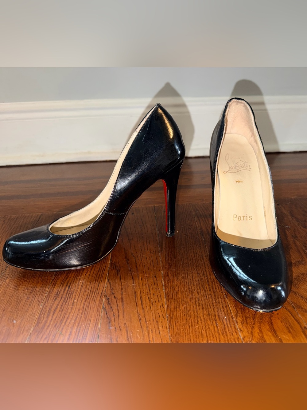 Christian Louboutin Black Patent Leather Round Toe Stiletto Pumps with Red Soles